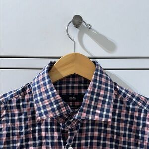 BOSS Men's Blue and Red Checkered Shirt
